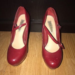 Red Mary Jane style pump.